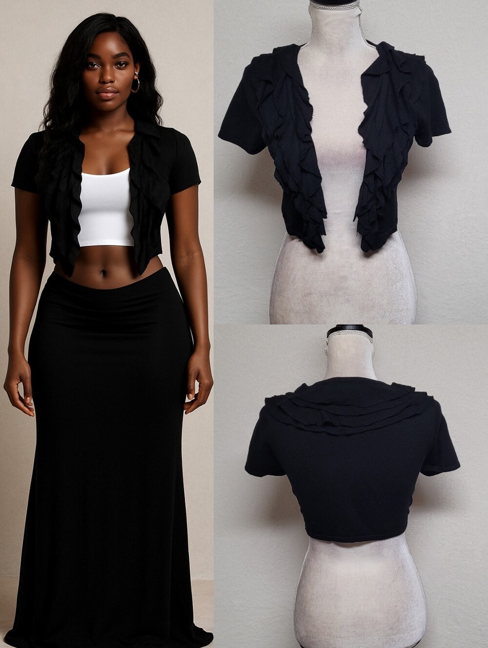Whimsigoth Y2K Vintage Forever 21 Black Stretchy Knit Ruffle Balero Cardigan S